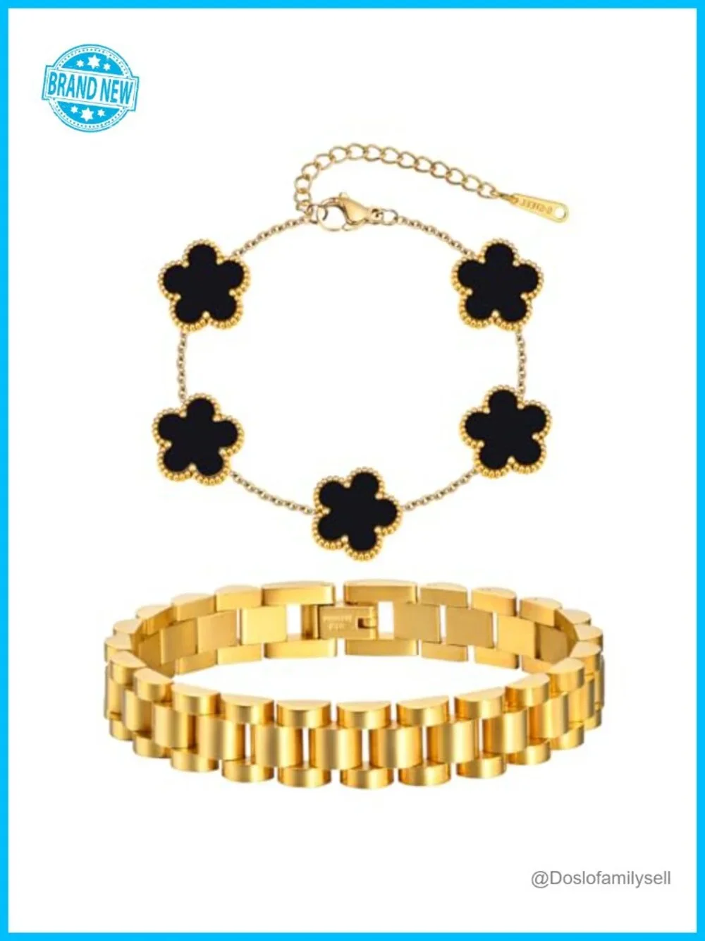 18K Gold Plated Floral Link Bracelet Set, 2pcs Stackable Chain Bracelets
